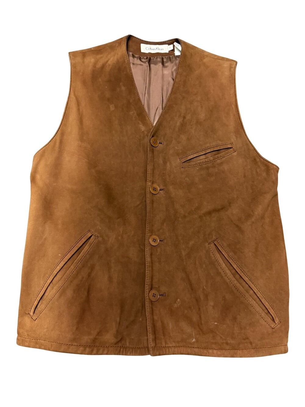 Calvin Klein Leather Vest Mens Small Brown Suede Lambskin Button Front Italy